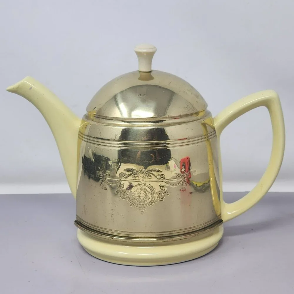 Vintage Hall China‎ Metallic Gold & Cream Tea Kettle W/ Ornate Embossed Design